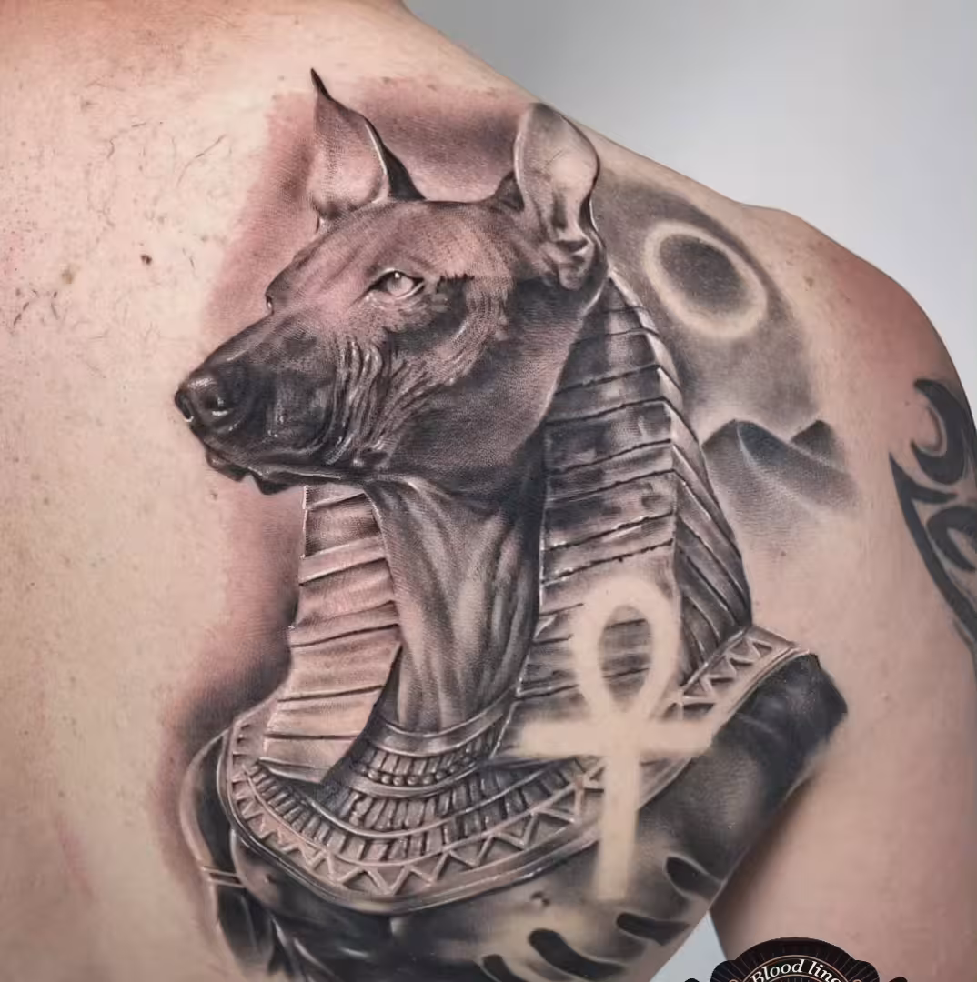 Black & Grey τατουάζ στη πλάτη με λεπτές λεπτομέρειες