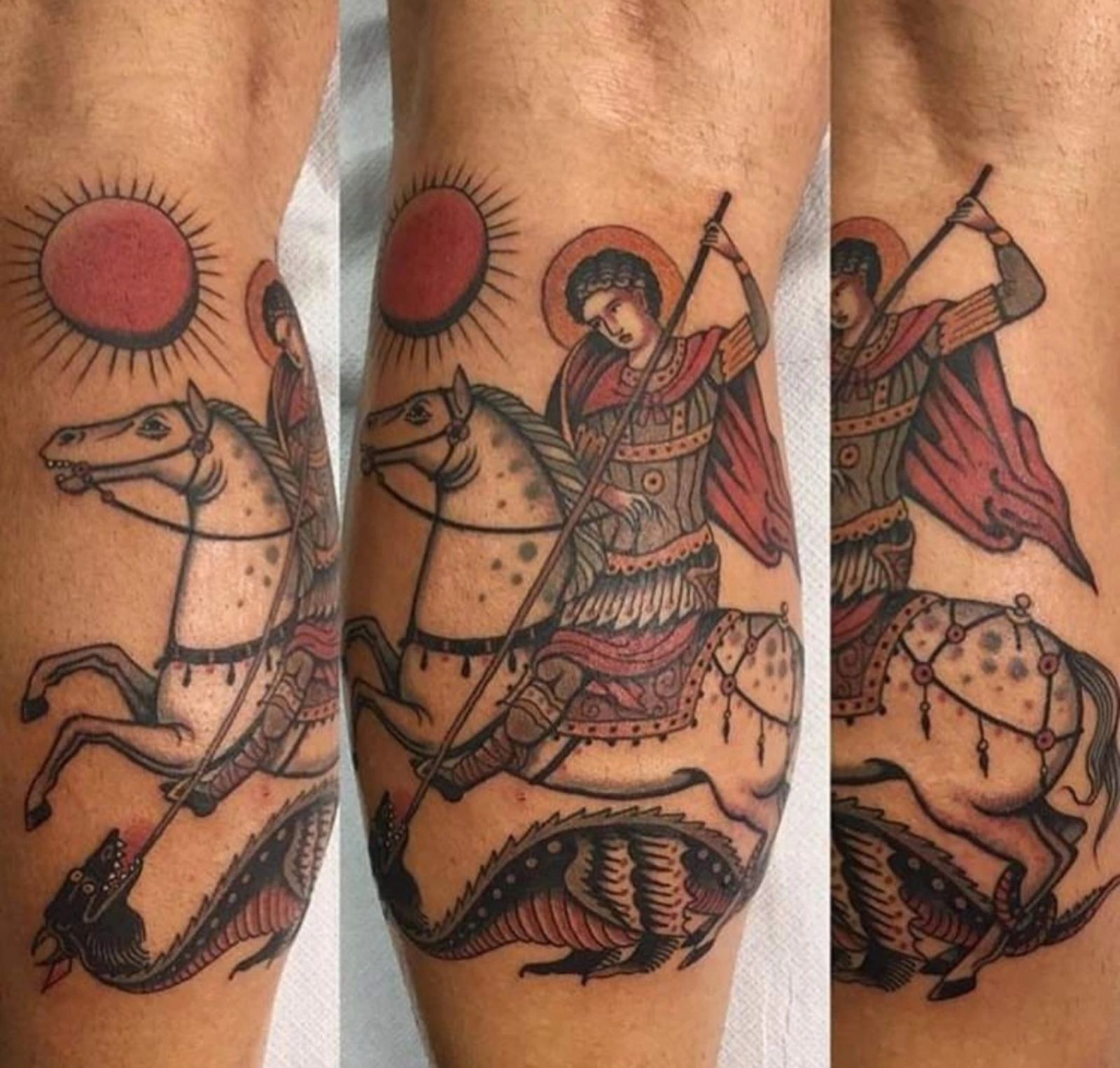 Traditional τατουάζ Άγιος Γεώργιος με δράκο στο πόδι